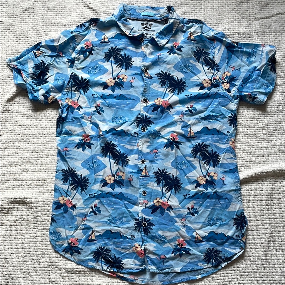 Casual Blue and Black Button Down Shirt with Tropical Print